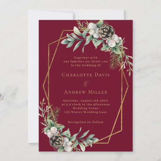 バーガンディーコーン緑の松の金ゴールド幾何結婚性 招待状 (正面)