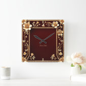 バーガンディーゴールデンフラワーウォールクロック スクエア壁時計 (ホーム)