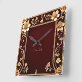 バーガンディーゴールデンフラワーウォールクロック スクエア壁時計 (傾斜)