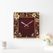 バーガンディーゴールデンフラワーウォールクロック スクエア壁時計 (ホーム)