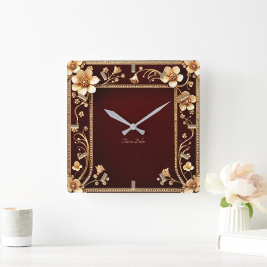 バーガンディーゴールデンフラワーウォールクロック スクエア壁時計 (ホーム)