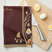 バーガンディーゴールデンフラワーズキッチンタオル キッチンタオル (四つ折り)