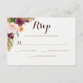 バーガンディーゴールドフラワーラメ結婚式RSVP 出欠カード