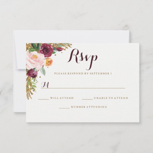 バーガンディーゴールドフラワーラメ結婚式RSVP 出欠カード (正面)