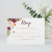 バーガンディーゴールドフラワーラメ結婚式RSVP 出欠カード (スタンド正面)