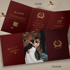 バーガンディーゴールドモノグラムフォトQR | 結婚式RSVP 三つ折りカード