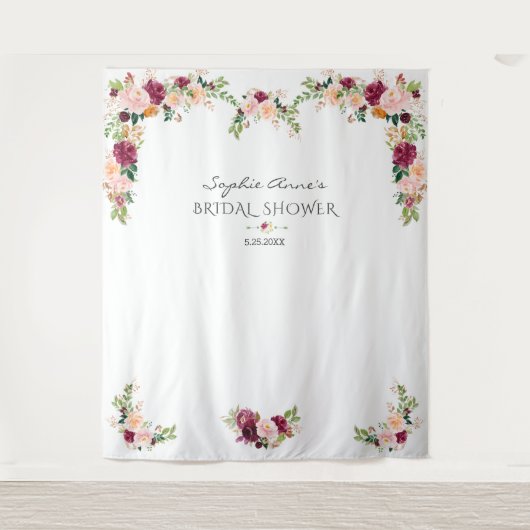 バーガンディーサフラン花のウェディングシャワー フォトブース タペストリー (正面)