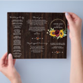 バーガンディーサンフラワーズウッドトリフォールド結婚式 プログラム チラシ (手)