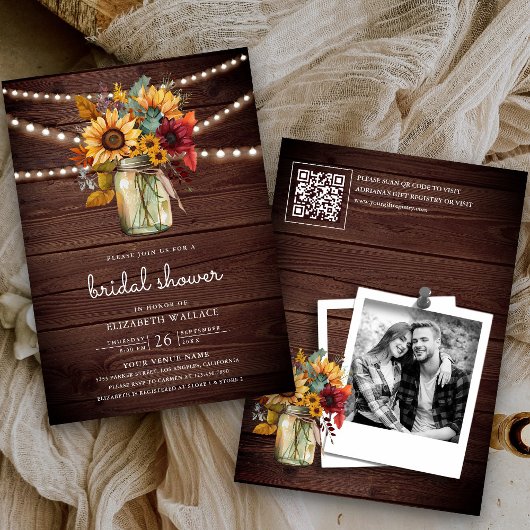 バーガンディーサンフラワーズウッドQRコードブライダルシャワー 招待状