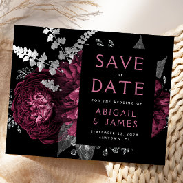 バーガンディーシルバーのフラワーSave the Date（結婚式日程の事前通知）