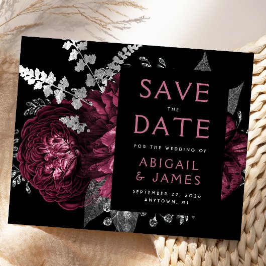 バーガンディーシルバーのフラワーSave the Date（結婚式日程の事前通知）