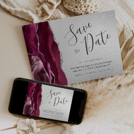 バーガンディーシルバーアゲートネイビーブルーセーブザデート 招待状