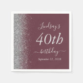バーガンディーシルバーグリッター40th誕生日パーティー スタンダードカクテルナプキン (正面)