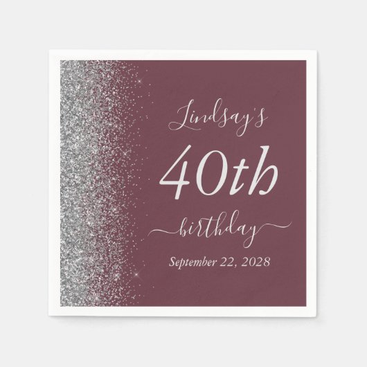バーガンディーシルバーグリッター40th誕生日パーティー スタンダードカクテルナプキン (正面)