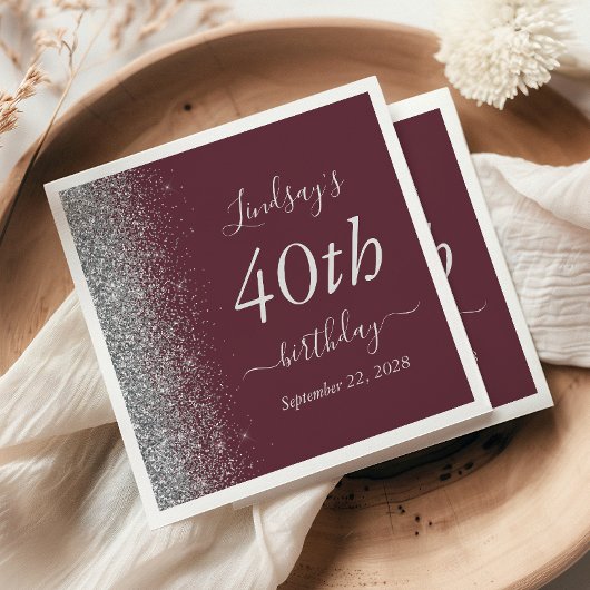 バーガンディーシルバーグリッター40th誕生日パーティー スタンダードカクテルナプキン