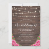 バーガンディーストリングライトフローラライト結婚ズ 招待状 (正面)
