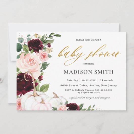 バーガンディーソフト赤面フローラカボチャ赤ちゃんシャワー 招待状 (正面)