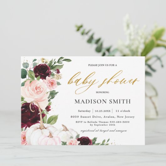 バーガンディーソフト赤面フローラカボチャ赤ちゃんシャワー 招待状 (スタンド正面)