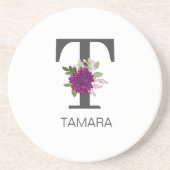 バーガンディーダリアの花のアルファベットのモノグラム コースター (正面)