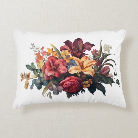 バーガンディーダークレッドピーチヴィンテージフローラ緑 アクセントクッション (正面)
