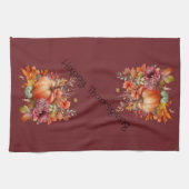 バーガンディーハッピーサンクスギビングカボチャ秋花 キッチンタオル (横)