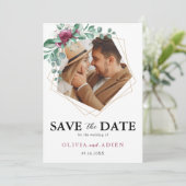 バーガンディーパープルアイボリーフローラ幾何学写真 セーブザデート (スタンド正面)