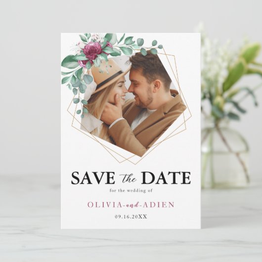 バーガンディーパープルアイボリーフローラ幾何学写真 セーブザデート (スタンド正面)