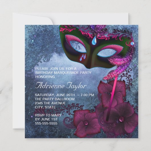 バーガンディーパープルピンクマスカレードパーティの招待状 招待状 (裏面)