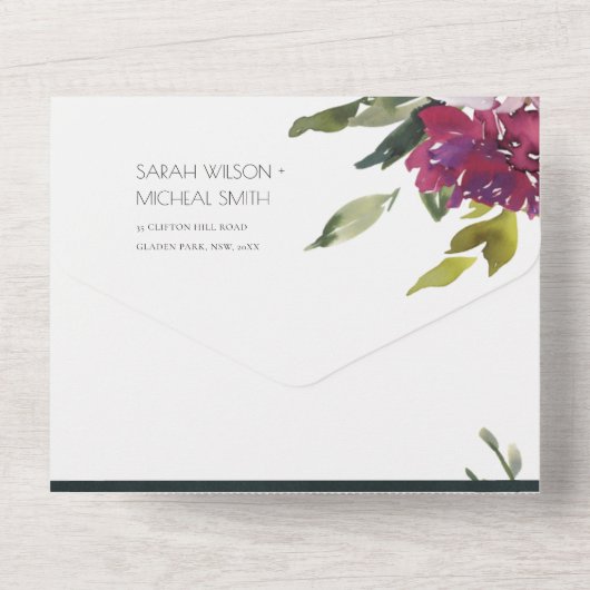 バーガンディーパープルピンクライムグリーン結婚フローラ オールインワン招待状 (裏面)