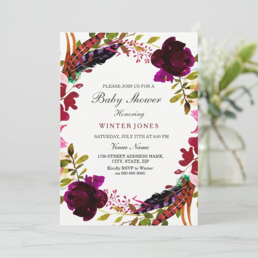 バーガンディーパープルフローラリースベビーシャワー招待状 招待状 (スタンド正面)
