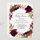 バーガンディーパープルフローラリースベビーシャワー招待状 招待状 (正面/裏面)