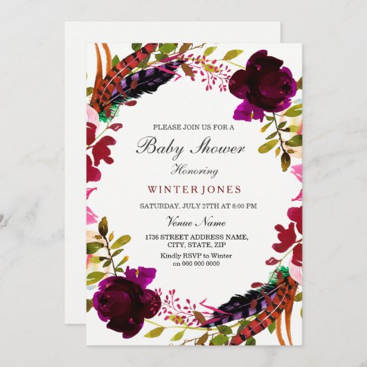 バーガンディーパープルフローラリースベビーシャワー招待状 招待状 (正面/裏面)
