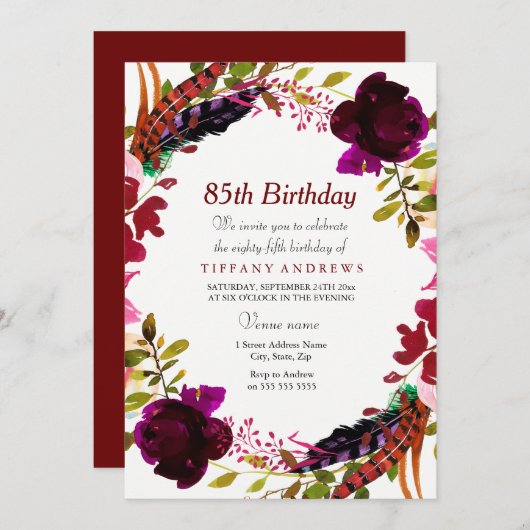 バーガンディーパープルフローラ85thバースデーパーティー招待状 招待状 (正面/裏面)