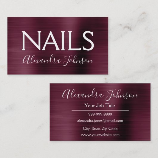 バーガンディーパープルブラシ仕上げメタルネイルサロン 名刺 (正面/裏面)