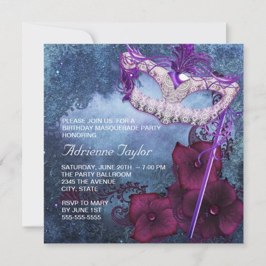 バーガンディーパープルマスカレードパーティの招待状 招待状 (裏面)
