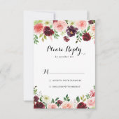 バーガンディーパープル春フローラ書道RSVP 出欠カード (正面)