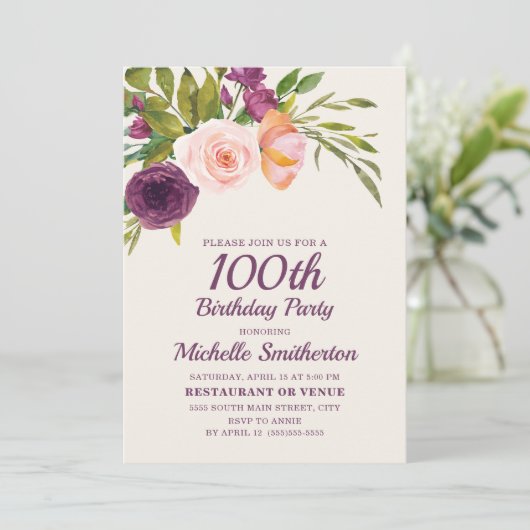 バーガンディーパープル赤面ピンクフローラ100誕生日 カード (スタンド正面)