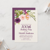 バーガンディーパープル赤面ピンクフローラ100誕生日 カード (正面/裏面インサイチュ)