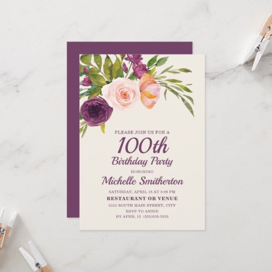 バーガンディーパープル赤面ピンクフローラ100誕生日 カード (正面/裏面インサイチュ)