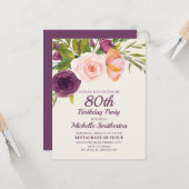 バーガンディーパープル赤面ピンクフローラ80誕生日 カード (正面/裏面インサイチュ)