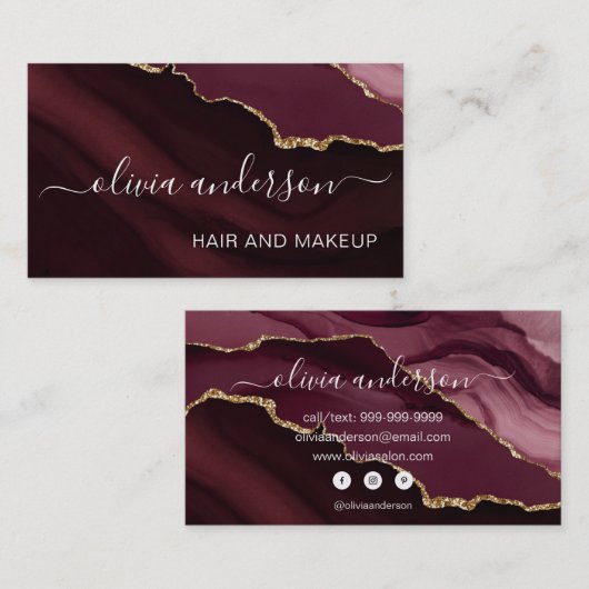 バーガンディーパープル金ゴールドアゲートヘアーメイクアップサロン 名刺 (正面/裏面)