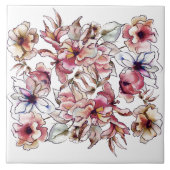 バーガンディーピンクとブルーフローラガーランドウォーター色 タイル (正面)