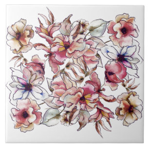 バーガンディーピンクとブルーフローラガーランドウォーター色 タイル