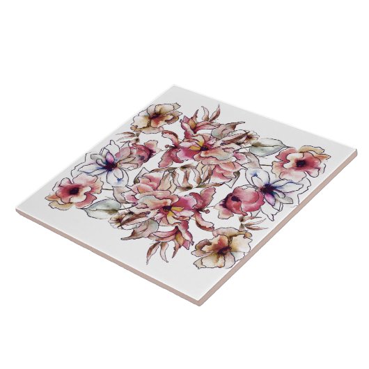 バーガンディーピンクとブルーフローラガーランドウォーター色 タイル (側面)