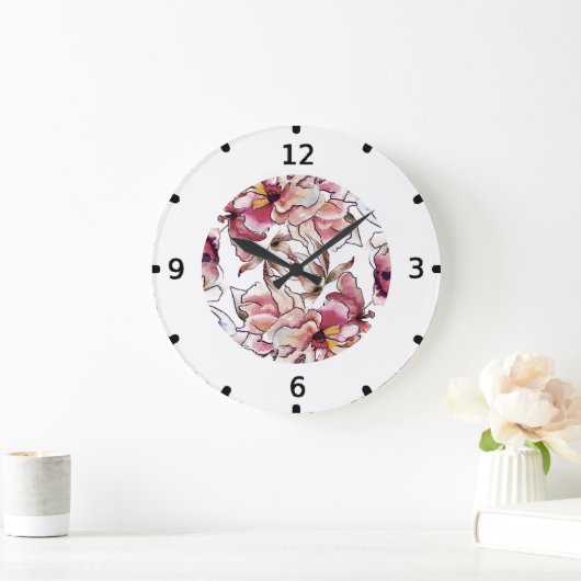 バーガンディーピンクとブルーフローラガーランドウォーター色 ラージ壁時計 (ホーム)
