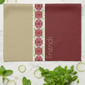 バーガンディーピンクとベージュのデザイナーフローラ キッチンタオル (折り畳み)