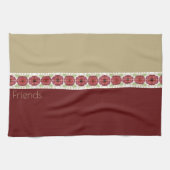 バーガンディーピンクとベージュのデザイナーフローラ キッチンタオル (横)