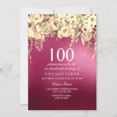 バーガンディーピンクと金ゴールドフローラ100th誕生日パーティー 招待状 (正面)