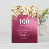 バーガンディーピンクと金ゴールドフローラ100th誕生日パーティー 招待状 (スタンド正面)