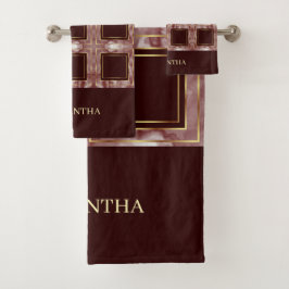 バーガンディーピンクと金ゴールドリピートの名前 バスタオルセット